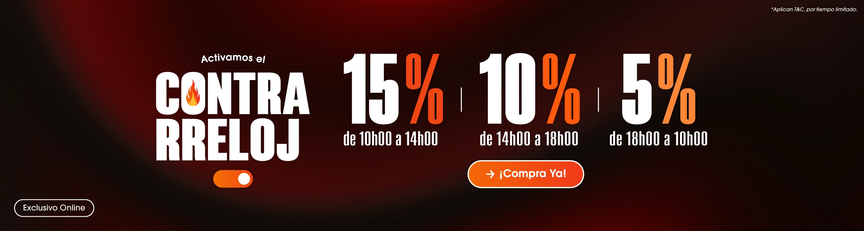 Banner home de la promoción Contrarreloj: ¡Descuentos por horas! Obtén hasta el 15% OFF en tus prendas favoritas​
